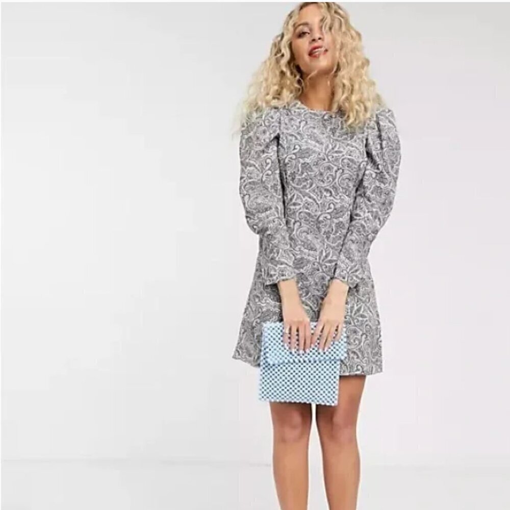 & Other Stories Women's Size 6 Paisley Puff Sleeve Mini Dress White Black Long